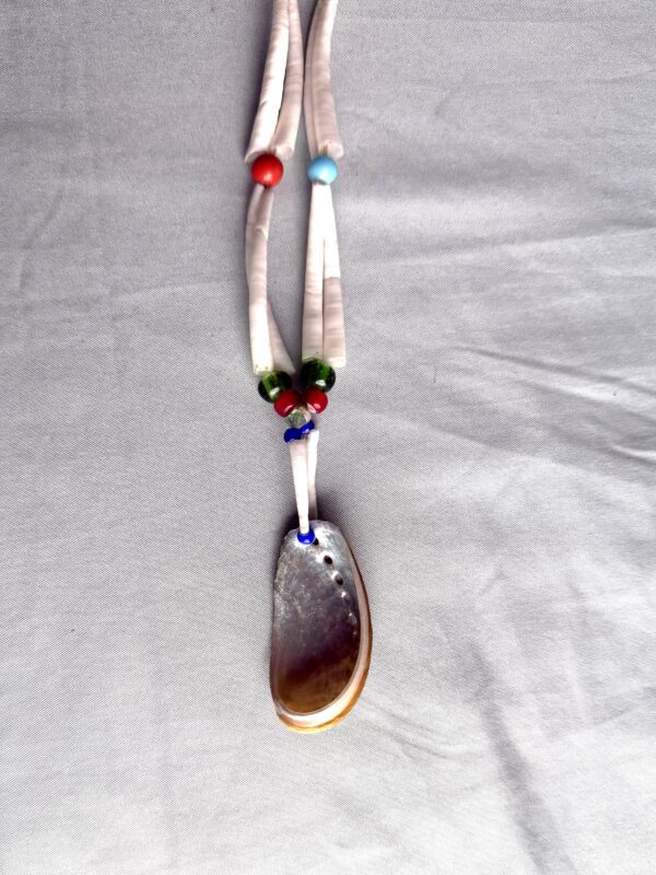 Smooth Dentalium Shell Necklace with Peking Beads and a Rounded Shell Drop