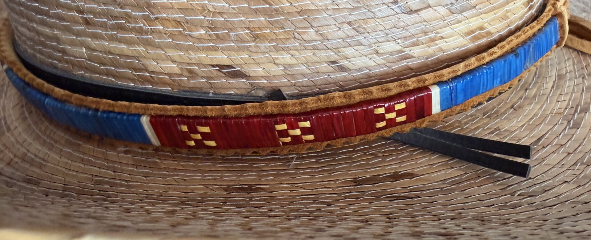 Handmade Porcupine Quill Hatband blue and red - with white beading - Image 3