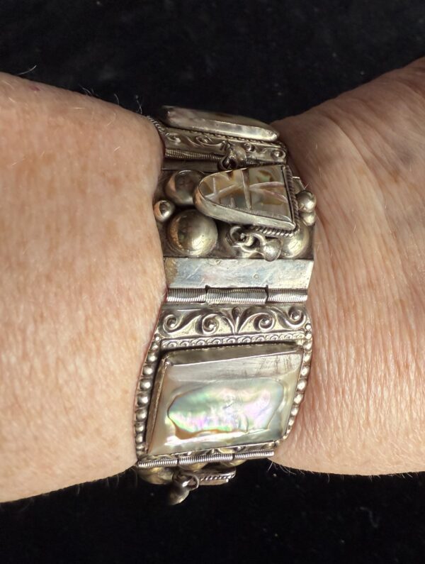 Bracelet - Abalone and Sterling - Warrior Mask Vintage Aztec - Image 3