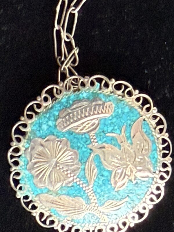 Butterfly & Flowers Vintage Pendant & Pin Silver Turquoise
