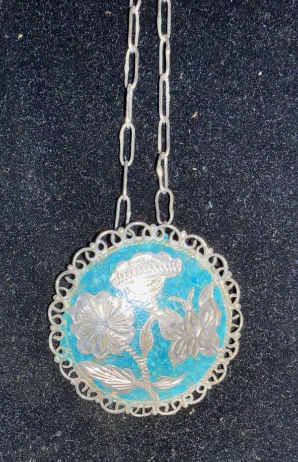 Butterfly & Flowers Vintage Pendant & Pin Silver Turquoise - Image 3