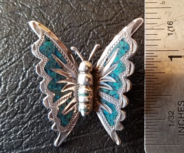 Vintage Butterfly Pin Silver Turquoise - Image 2